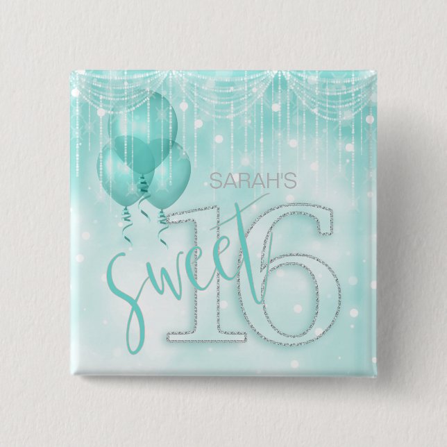 String Lights & Balloons Sweet 16 Teal ID473 Button (Front)