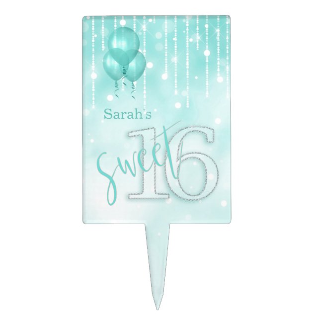 String Lights & Balloons Sweet 16 Teal ID473 Cake Topper (Front)