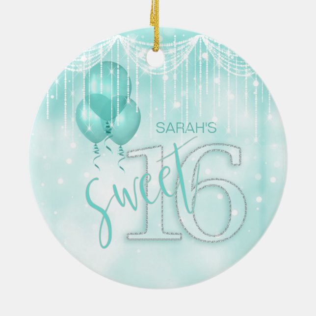 String Lights & Balloons Sweet 16 Teal ID473 Ceramic Ornament (Back)