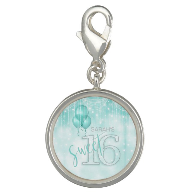 String Lights & Balloons Sweet 16 Teal ID473 Charm (Front)