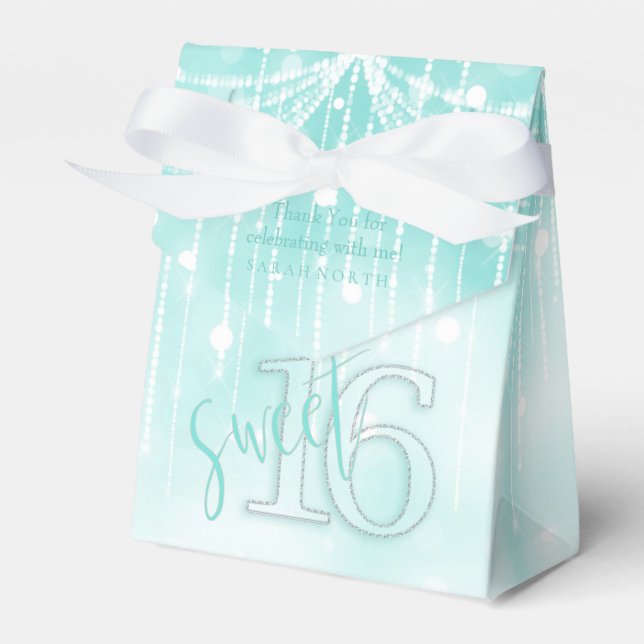 String Lights & Balloons Sweet 16 Teal ID473 Favor Boxes (Front Side)