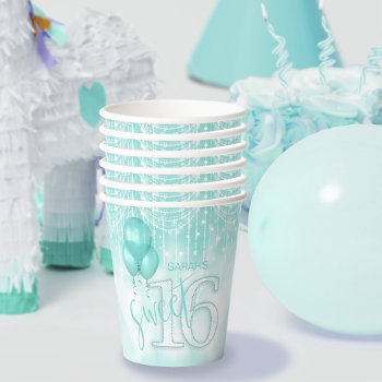 String Lights & Balloons Sweet 16 Teal Id473 Paper Cups by arrayforhome at Zazzle
