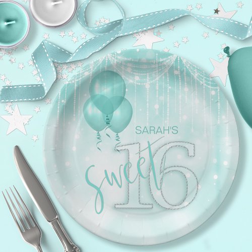 String Lights  Balloons Sweet 16 Teal ID473 Paper Plates