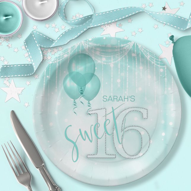 String Lights & Balloons Sweet 16 Teal ID473 Paper Plates (Creator Uploaded)