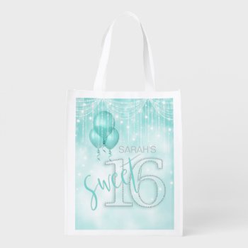 String Lights & Balloons Sweet 16 Teal Id473 Reusable Grocery Bag by arrayforaccessories at Zazzle