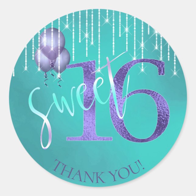 String Lights & Balloons Sweet 16 TealPurple ID473 Classic Round Sticker (Front)