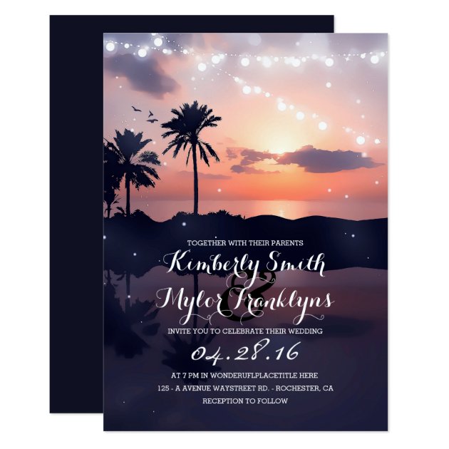 String Lights Beach Palms Sunset Wedding Invitation