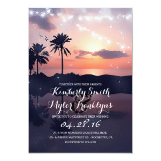 String Lights Beach Palms Sunset Wedding Card