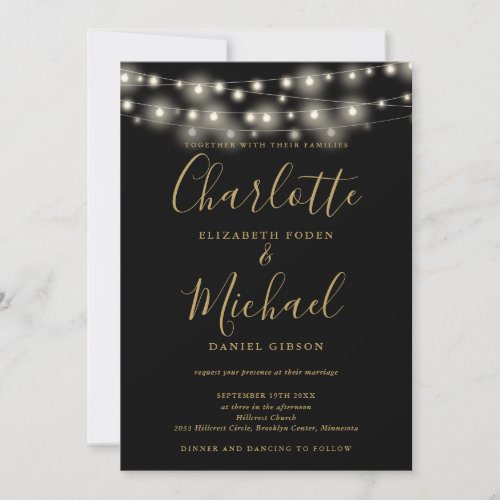 String Lights Black And Gold All In One Wedding Invitation
