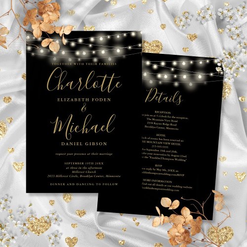 String Lights Black And Gold All In One Wedding Invitation