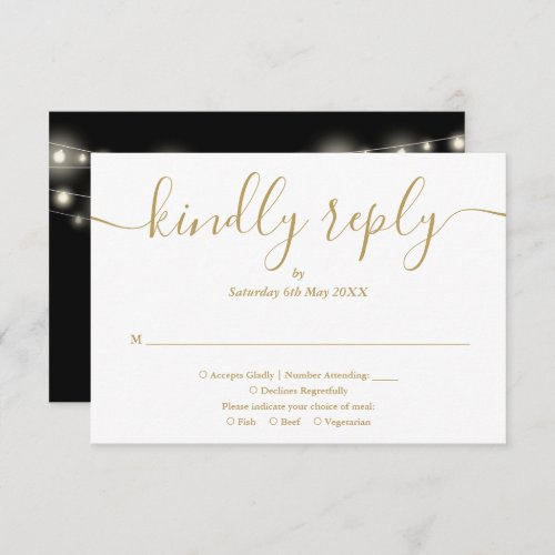 String Lights Black And Gold Script Meal Choice RSVP Card