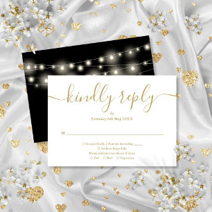 String Lights Black And Gold Script Meal Choice RSVP Card