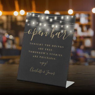 String Lights Black And Gold Signature Open Bar Pedestal Sign