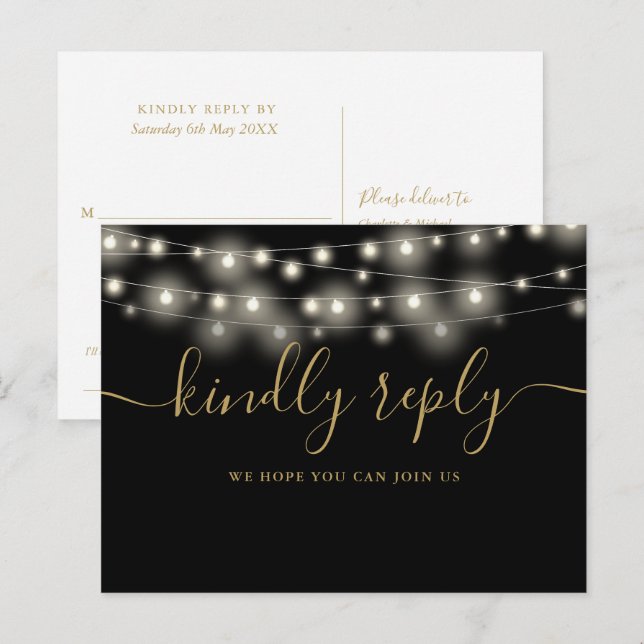 String Lights Black And Gold Song Request RSVP Invitation Postcard (Front/Back)