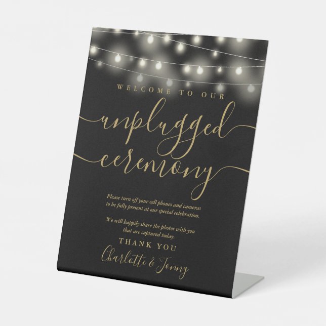 String Lights Black And Gold Unplugged Ceremony Pedestal Sign (Front)
