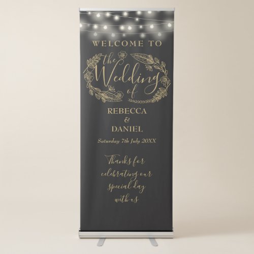 String Lights Black And Gold Wedding Welcome Retractable Banner