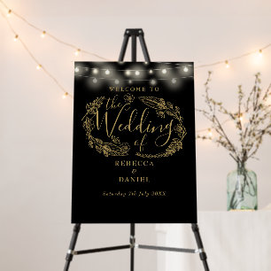 String Lights Black And Gold Wedding Welcome Sign