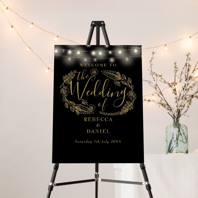 String Lights Black And Gold Wedding Welcome Sign (In Situ (Stand))