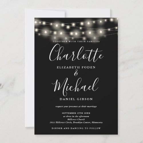 String Lights Black And White All In One Wedding Invitation
