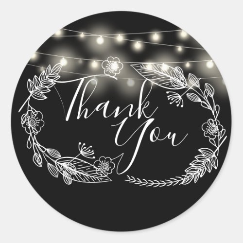 String Lights Black And White Floral Thank You Classic Round Sticker