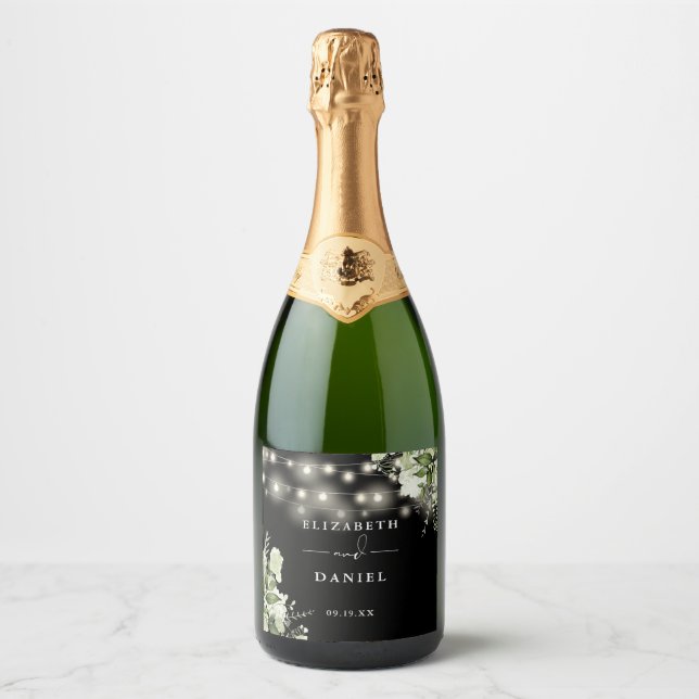String Lights Black And White Greenery Wedding Sparkling Wine Label (Front)