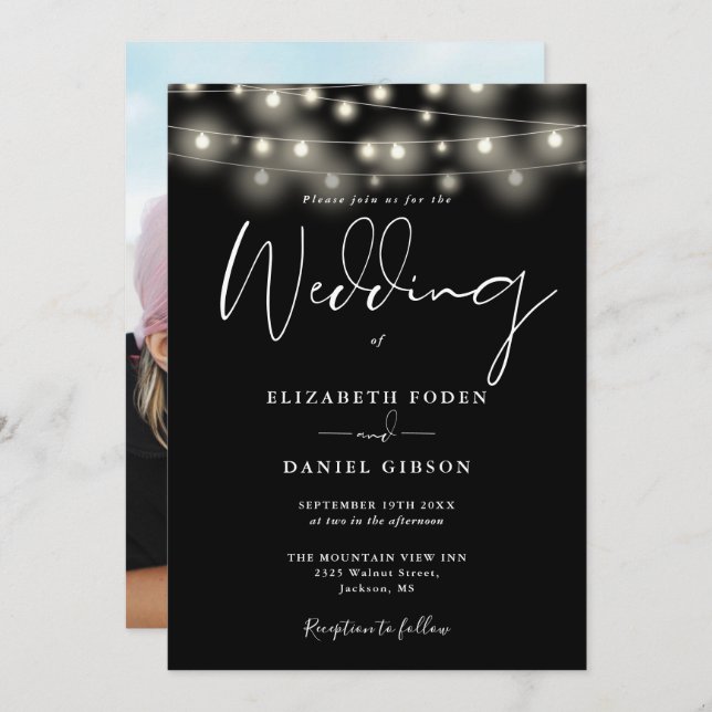 String Lights Black And White Photo Wedding Invitation (Front/Back)
