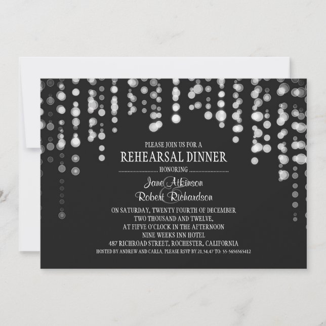 string lights black and white REHEARSAL DINNER Invitation (Front)