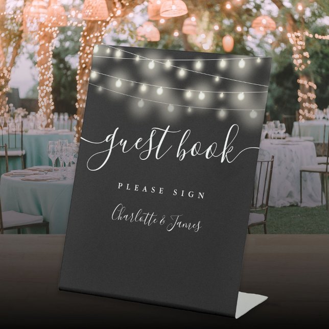 String Lights Black And White Script Guest Book Pedestal Sign (String Lights Black And White Script Guest Book Pedestal Sign)