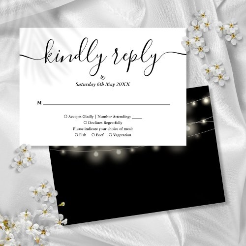 String Lights Black And White Script Meal Choice RSVP Card