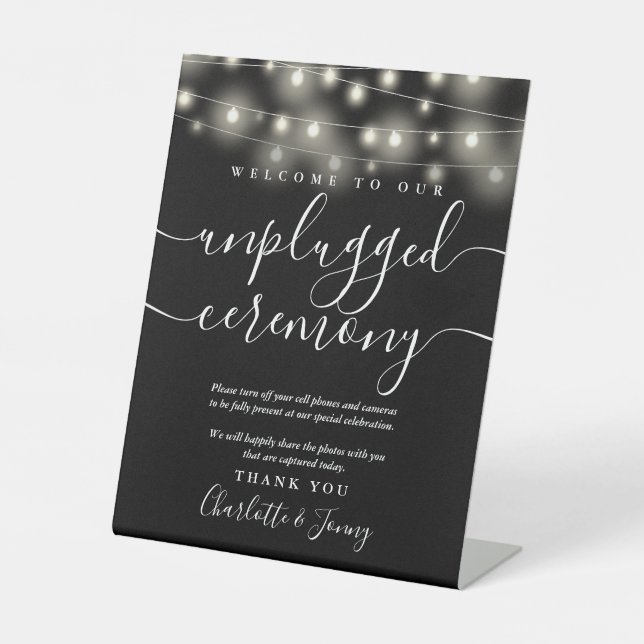 String Lights Black And White Unplugged Ceremony Pedestal Sign (Front)