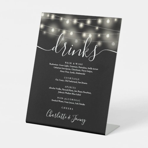 String Lights Black And White Wedding Drinks Menu  Pedestal Sign