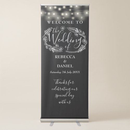 String Lights Black And White Wedding Welcome Retractable Banner