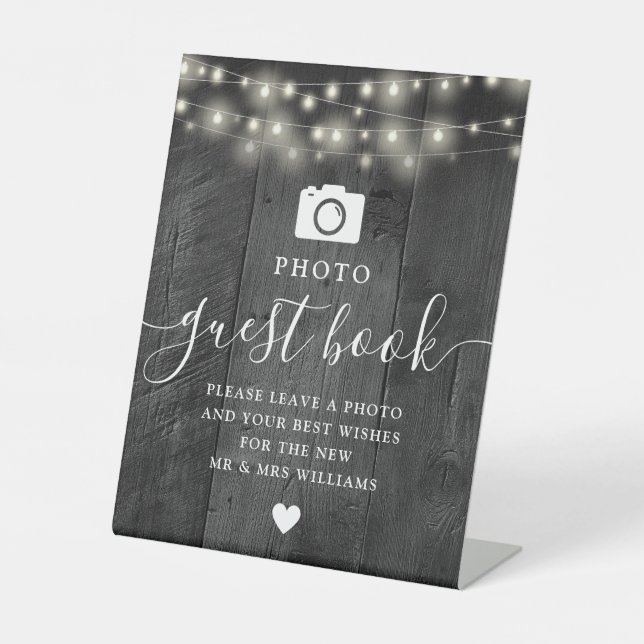 String Lights Black Barn Wood Photo Guest Book Pedestal Sign (Front)