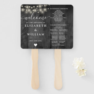 String Lights Black Barn Wood Wedding Program Hand Fan