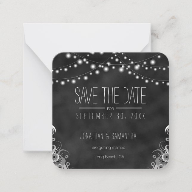 String Lights Black Chalkboard Save The Date Note Card (Front)