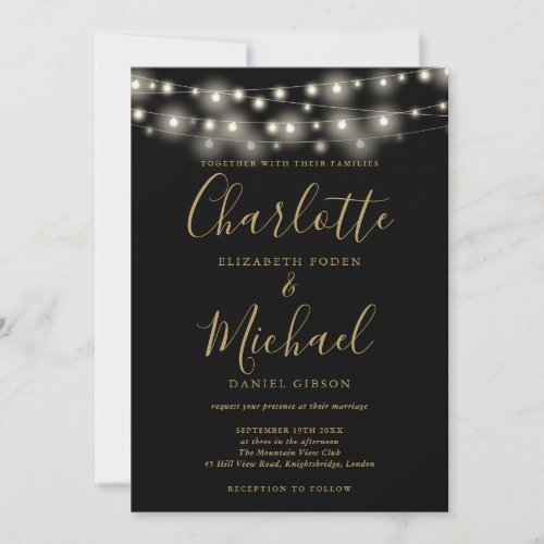 String Lights Black Gold Elegant Script Wedding  Invitation