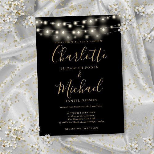 String Lights Black Gold Elegant Script Wedding  Invitation