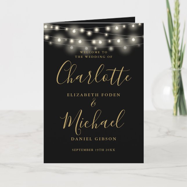 String Lights Black Gold Elegant Script Wedding Program (Front)