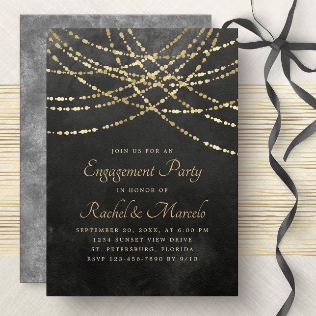 String Lights Black Gold Engagement Party Invitation (Creator Uploaded)