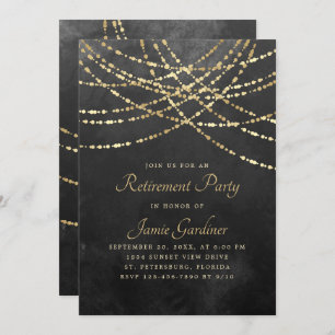 String Lights Black Gold Retirement Party Invitation