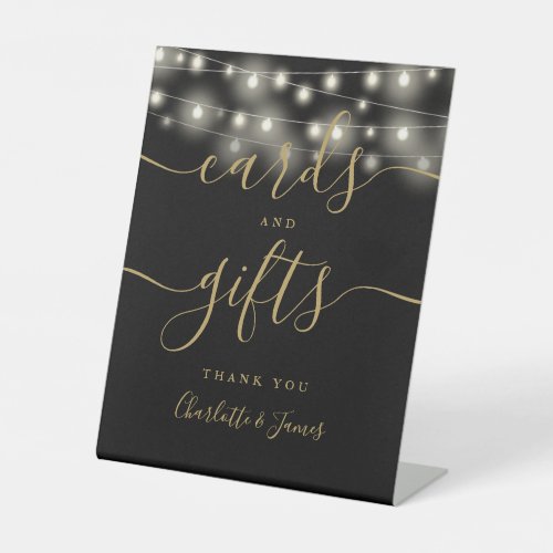 String Lights Black Gold Script Cards And Gifts Pedestal Sign