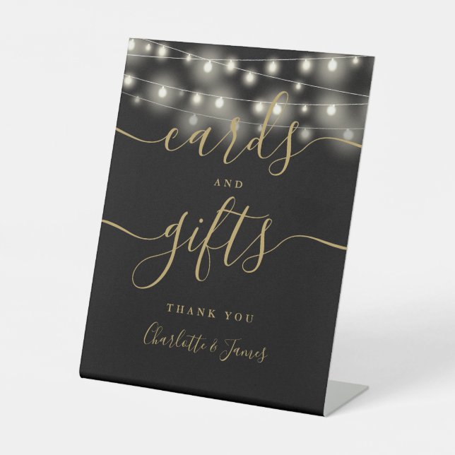 String Lights Black Gold Script Cards And Gifts Pedestal Sign (Front)