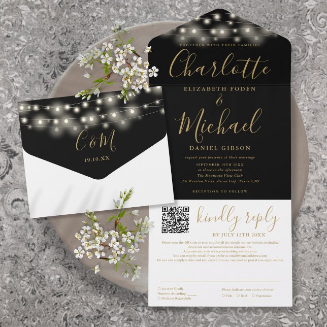 String Lights Black Gold Script QR Code Wedding All In One Invitation (String Lights Black Gold Script QR Code Wedding All In One Invitation)