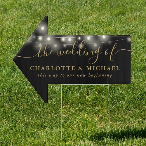 String Lights Black Gold Wedding This Way Arrow Sign