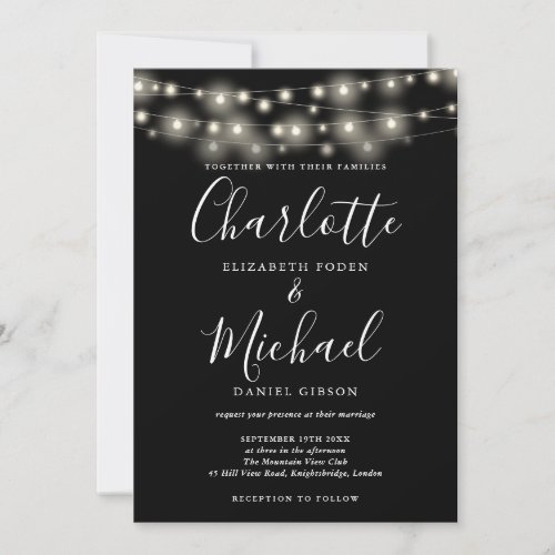 String Lights Black White Elegant Script Wedding  Invitation
