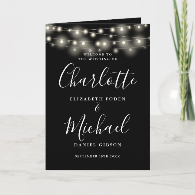 String Lights Black White Elegant Script Wedding Program (Front)