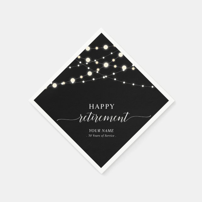 String Lights | Black & White Retirement Party Napkins (Corner)