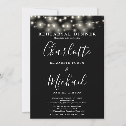 String Lights Black White Script Rehearsal Dinner Invitation