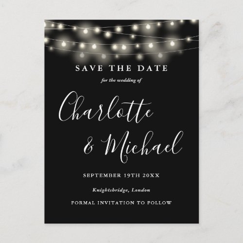 String Lights Black White Wedding Save the Date Postcard