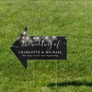 String Lights Black White Wedding This Way Arrow Sign